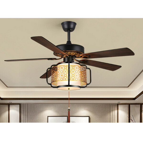 新款中式仿古燈籠吊扇燈LED電扇燈一體(HC1005 42寸-金窗款-遙控款)(燈體總高：47cm 展開直徑：107cm)