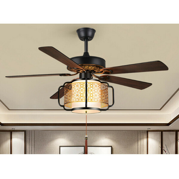 新款中式仿古燈籠吊扇燈LED電扇燈一體(HC1005 52寸-金窗款-遙控款)(燈體總高：47cm 展開直徑：132cm)