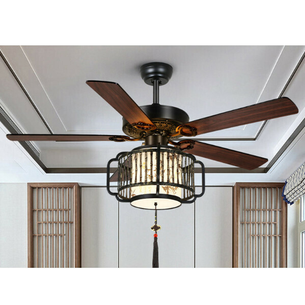 新款中式仿古燈籠吊扇燈LED電扇燈一體(HC1005 42寸-竹子款-遙控款)(燈體總高：47cm 展開直徑：107cm)