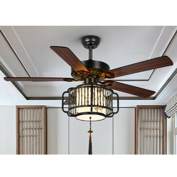 新款中式仿古燈籠吊扇燈LED電扇燈一體(HC1005 52寸-竹子款-遙控款)(燈體總高：47cm 展開直徑：132cm)