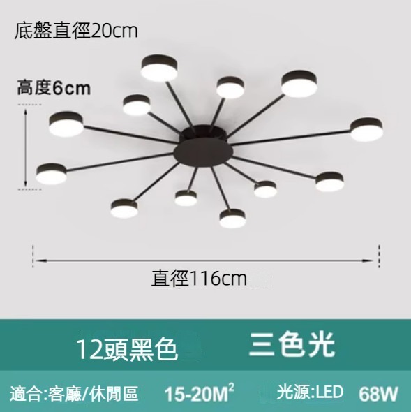 Hot selling simple and creative LED ceiling lamp (12 heads black/68W three-color dimming)