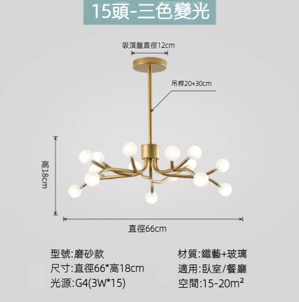 Hot selling Nordic simple firefly lamp chandelier (gold lamp body) (frosted style/15 heads/three-color dimming)
