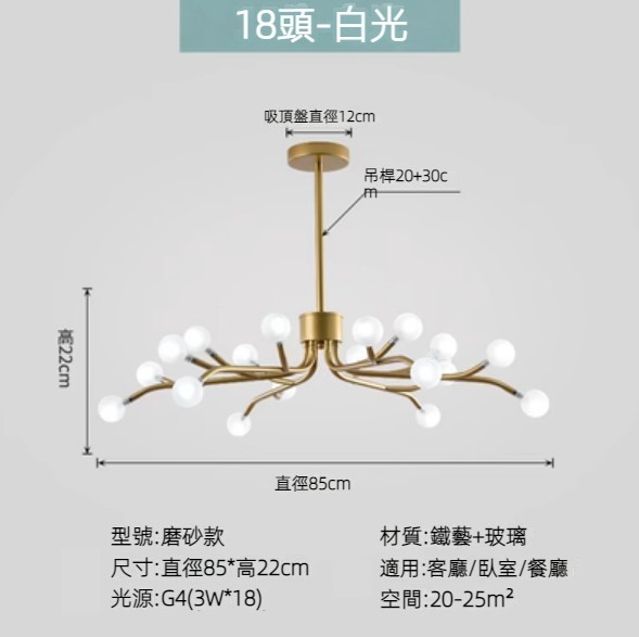 Hot selling Nordic simple firefly lamp chandelier (gold lamp body) (frosted style/18 heads/white light)