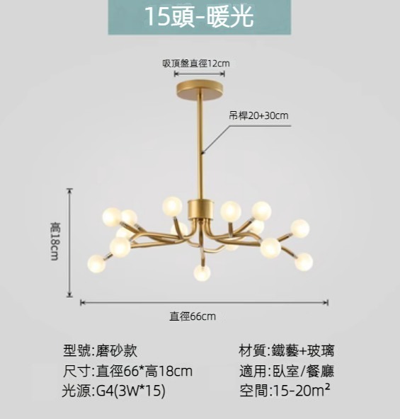Hot selling Nordic simple firefly lamp chandelier (gold lamp body) (frosted style/15 heads/warm light)