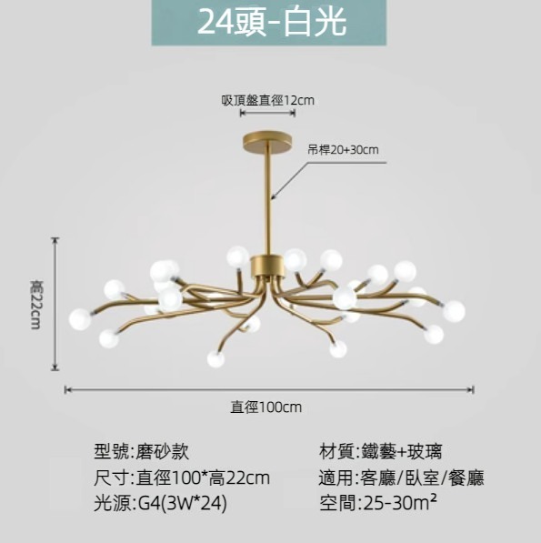 Hot selling Nordic simple firefly lamp chandelier (gold lamp body) (frosted style/24 heads/white light)