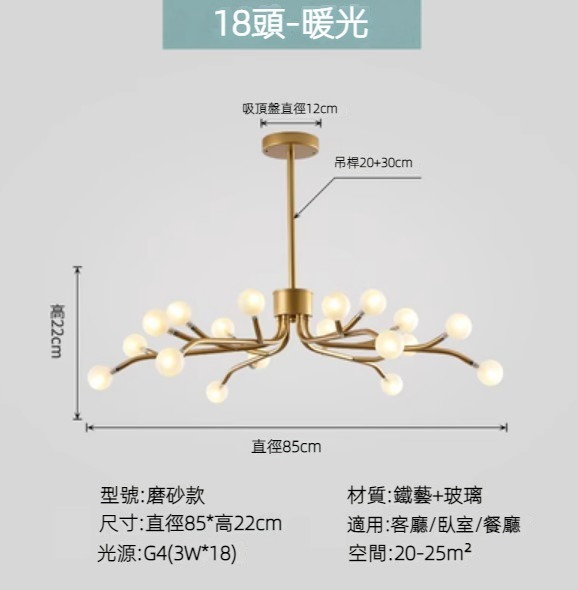 Hot selling Nordic simple firefly lamp chandelier (gold lamp body) (frosted style/18 heads/warm light)