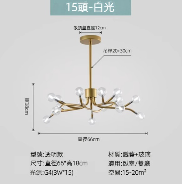 Hot selling Nordic simple firefly lamp chandelier (gold lamp body) (transparent model/15 heads/white light)