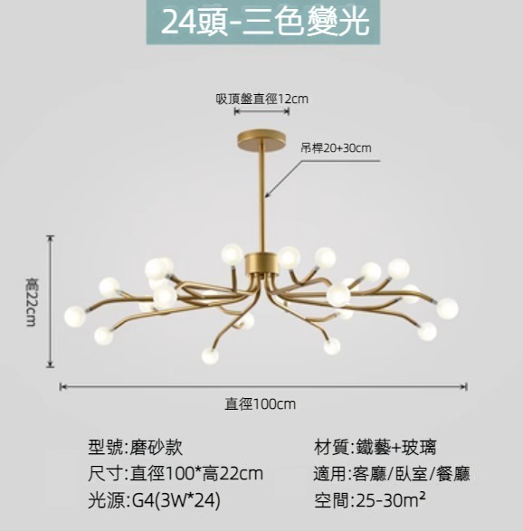 Hot selling Nordic simple firefly lamp chandelier (gold lamp body) (frosted style/24 heads/three-color dimming)