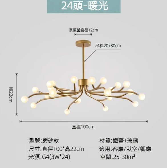 Hot selling Nordic simple firefly lamp chandelier (gold lamp body) (frosted style/24 heads/warm light)