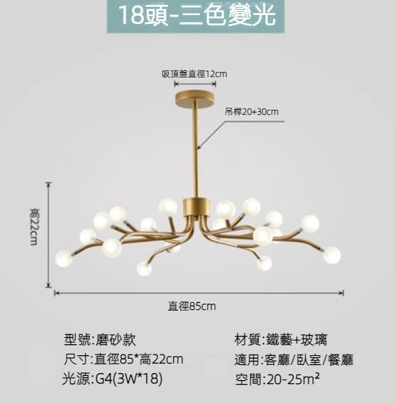 Hot selling Nordic simple firefly lamp chandelier (gold lamp body) (frosted style/18 heads/three-color dimming)