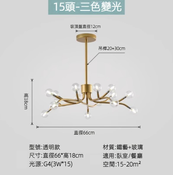 Hot selling Nordic simple firefly lamp chandelier (gold lamp body) (transparent model/15 heads/three-color dimming)