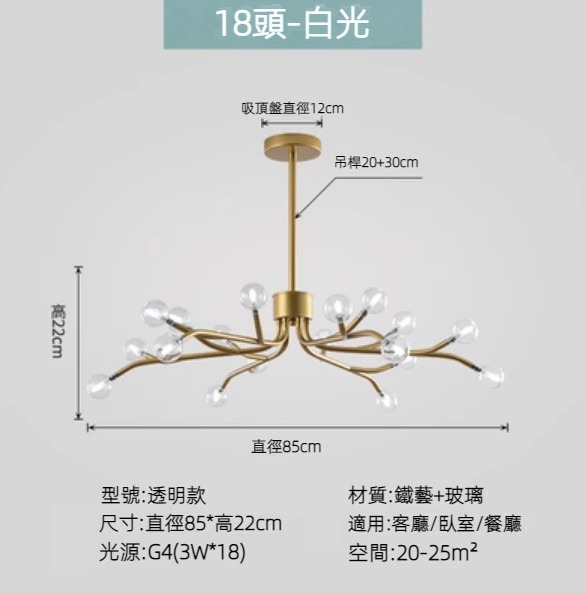 Hot selling Nordic simple firefly lamp chandelier (gold lamp body) (transparent model/18 heads/white light)