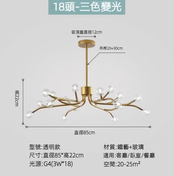 Hot selling Nordic simple firefly lamp chandelier (gold lamp body) (transparent model/18 heads/three-color dimming)