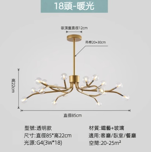 Hot selling Nordic simple firefly lamp chandelier (gold lamp body) (transparent model/18 heads/warm light)