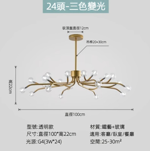 Hot selling Nordic simple firefly lamp chandelier (gold lamp body) (transparent model/24 heads/three-color dimming)