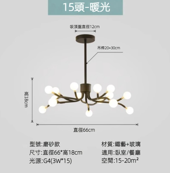 Hot selling Nordic simple firefly lamp chandelier (black lamp body) (frosted style/15 heads/warm light)