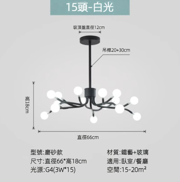 Hot selling Nordic simple firefly lamp chandelier (black lamp body) (frosted style/15 heads/white light)