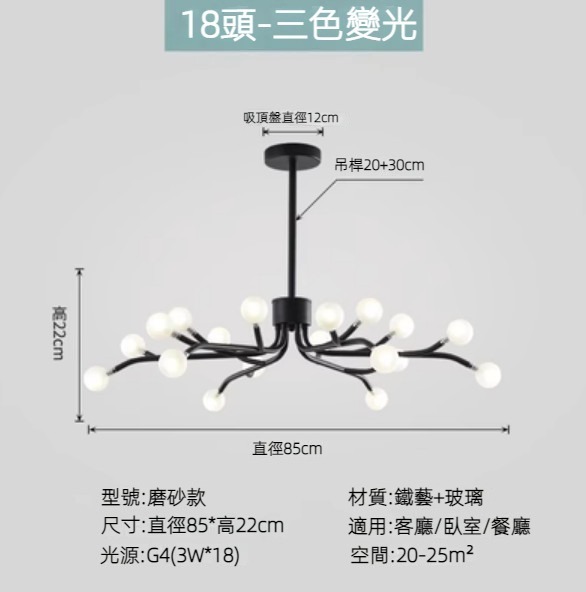 Hot selling Nordic simple firefly lamp chandelier (black lamp body) (frosted style/18 heads/three-color dimming)