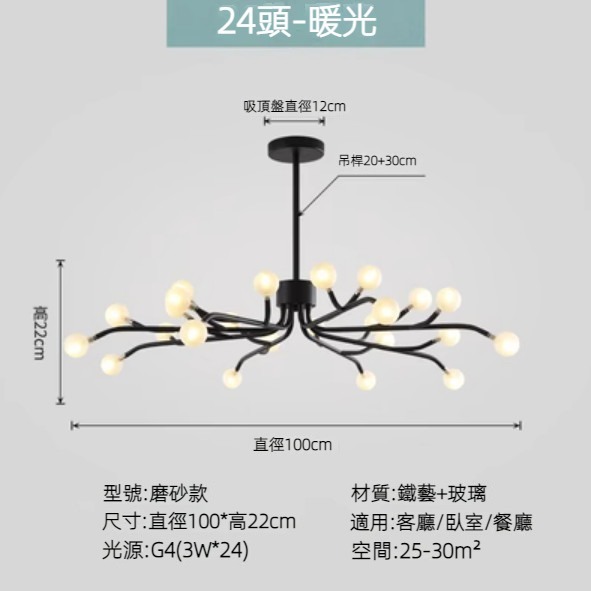 Hot selling Nordic simple firefly lamp chandelier (black lamp body) (frosted style/24 heads/warm light)