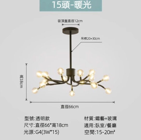 Hot selling Nordic simple firefly lamp chandelier (black lamp body) (transparent model/15 heads/warm light)
