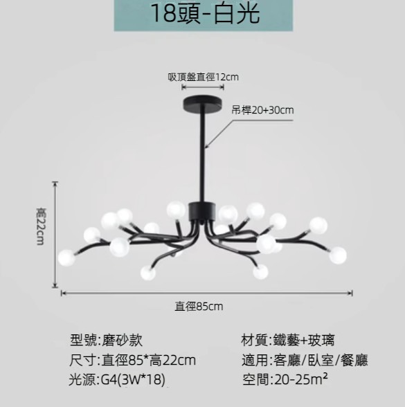 Hot selling Nordic simple firefly lamp chandelier (black lamp body) (frosted style/18 heads/white light)