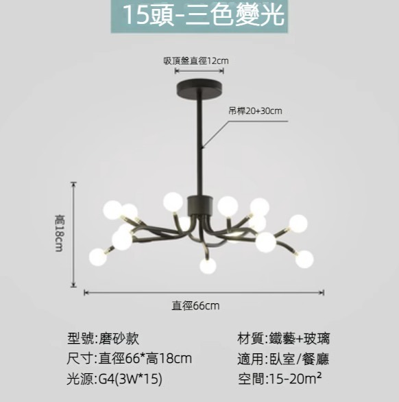 Hot selling Nordic simple firefly lamp chandelier (black lamp body) (frosted style/15 heads/three-color dimming)