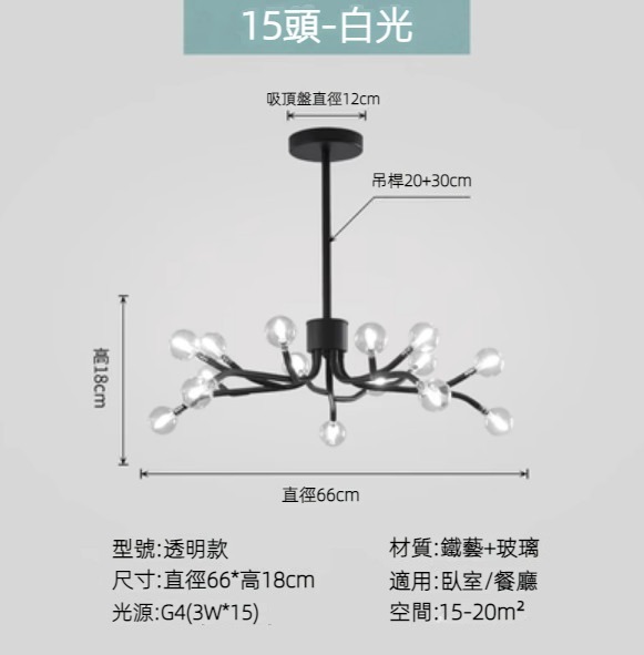 Hot selling Nordic simple firefly lamp chandelier (black lamp body) (transparent model/15 heads/white light)