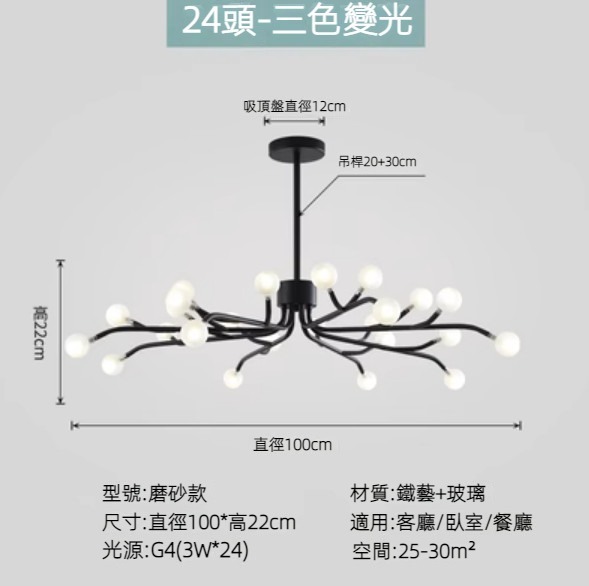 Hot selling Nordic simple firefly lamp chandelier (black lamp body) (frosted style/24 heads/three-color dimming)