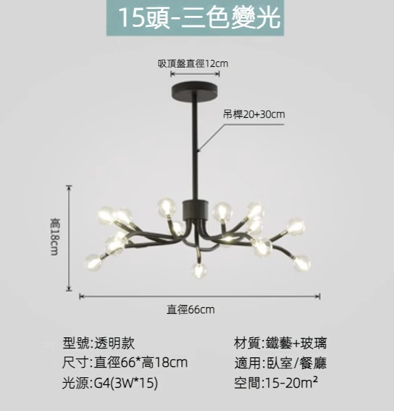 Hot selling Nordic simple firefly lamp chandelier (black lamp body) (transparent model/15 heads/three-color dimming)