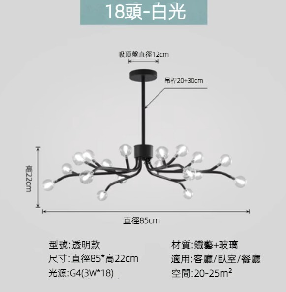 Hot selling Nordic simple firefly lamp chandelier (black lamp body) (transparent model/18 heads/white light)