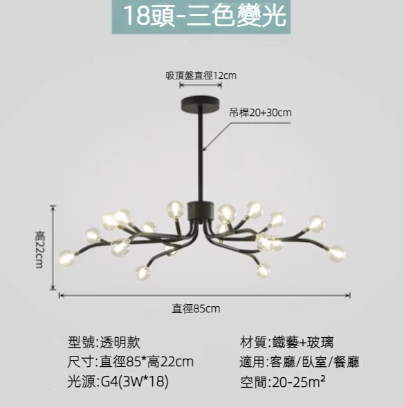 Hot selling Nordic simple firefly lamp chandelier (black lamp body) (transparent model/18 heads/three-color dimming)