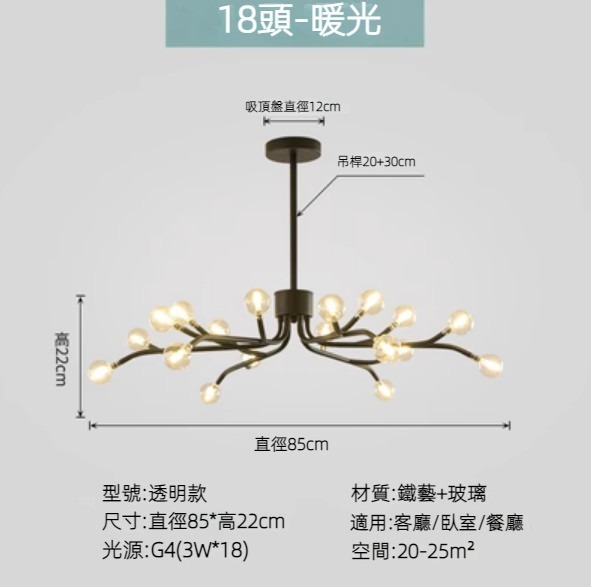 Hot selling Nordic simple firefly lamp chandelier (black lamp body) (transparent model/18 heads/warm light)