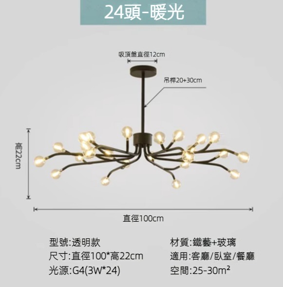 Hot selling Nordic simple firefly lamp chandelier (black lamp body) (transparent model/24 heads/warm light)