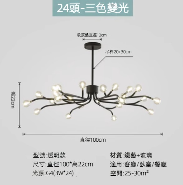 Hot selling Nordic simple firefly lamp chandelier (black lamp body) (transparent model/24 heads/three-color dimming)