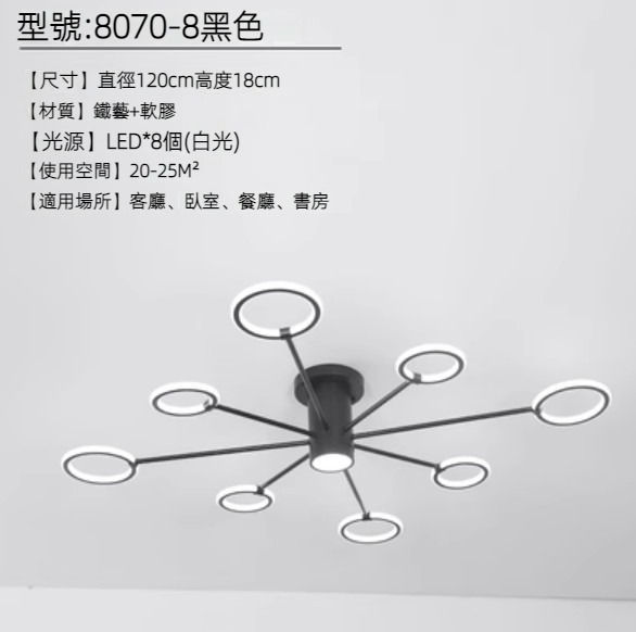 Hot Selling LED Ring Ceiling Lamp (8 Heads-Black/White Light)