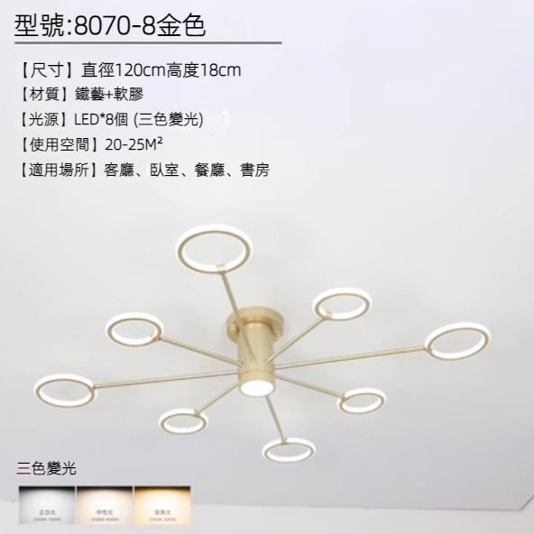 Hot selling LED ring ceiling lamp (8 heads-gold/three-color dimming)