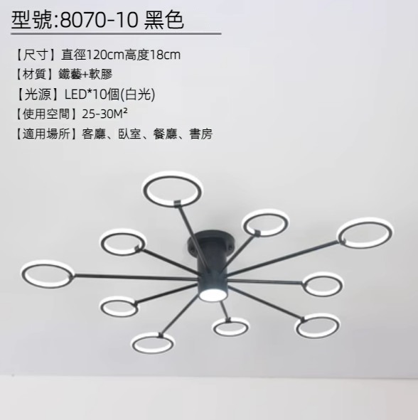 Hot Selling LED Ring Ceiling Lamp (10 Heads-Black/White Light)