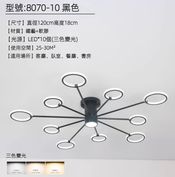 Hot selling LED ring ceiling lamp (10 heads-black/three-color dimming)