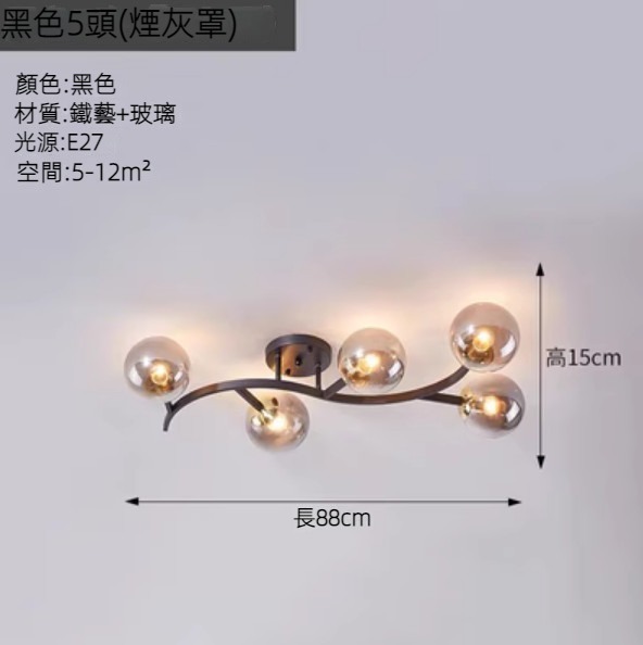 Hot selling glass ball ceiling lamp (black 5-head ash cover/three-color dimming)