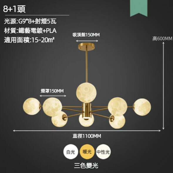 Hot selling creative planet LED chandelier (8 heads diameter 110cm/5w three-color dimming)