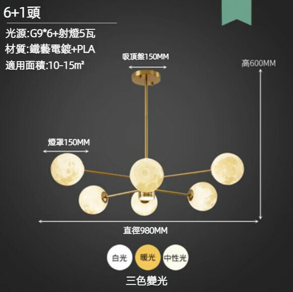 Hot selling creative planet LED chandelier (6 heads diameter 98cm/5w three-color dimming)
