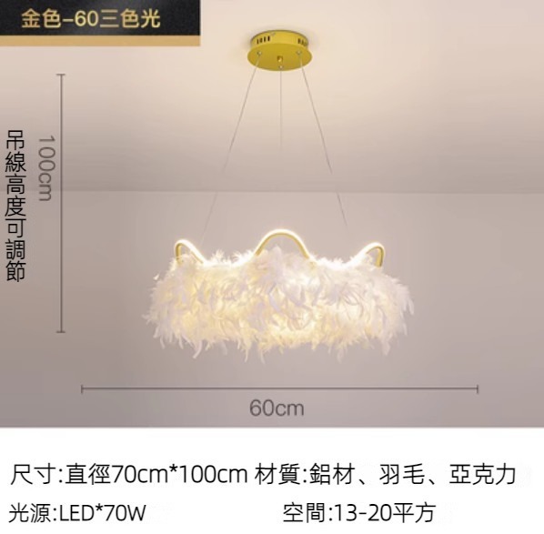 Hot selling romantic and warm feather chandelier (gold diameter 60cm/three-color dimming)