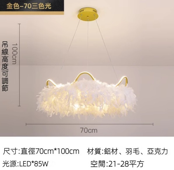 Hot selling romantic and warm feather chandelier (gold diameter 70cm/three-color dimming)