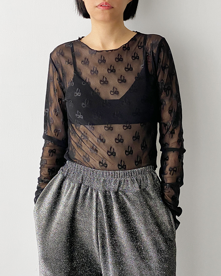 MFT-2559 蝴蝶結網紗上衣 ʙʟᴀᴄᴋ