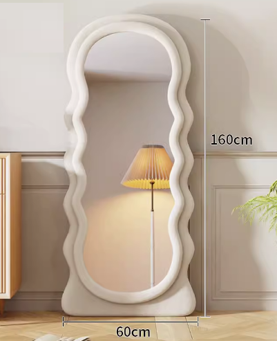 Explosion-proof wavy special-shaped full-body floor mirror (off-white velvet fabric) (size 160*60CM)