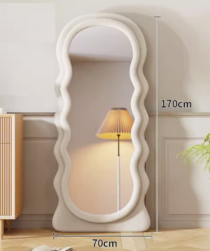 Explosion-proof wavy special-shaped full-body floor mirror (off-white velvet fabric) (size 170*70CM)