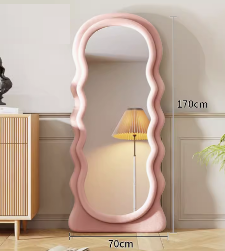 Explosion-proof wavy special-shaped full-body floor mirror (pink velvet fabric) (size 170*70CM)