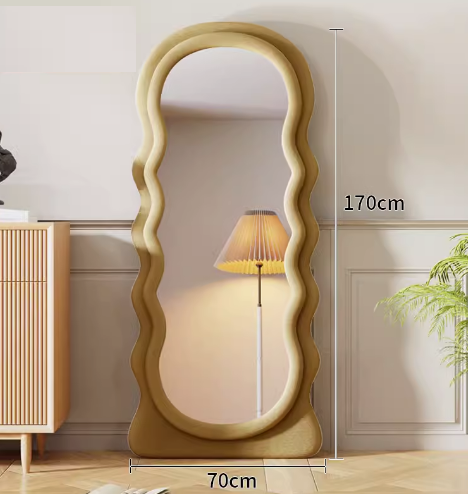 Explosion-proof wavy special-shaped full-body floor mirror (khaki velvet fabric) (size 170*70CM)