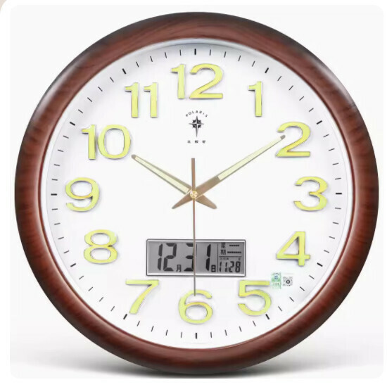 熱推北極星電子挂鐘（（升級款靜音機芯）夜光液晶款-木紋色 16英寸（直徑40.5釐米））
