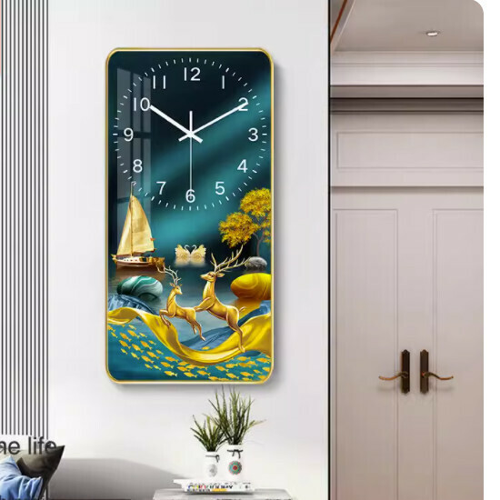 Popular living room wall clock ([crystal porcelain picture]-golden deer like brocade large [40*80cm])